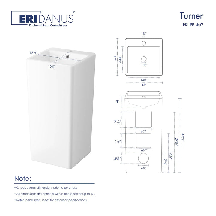 White ceramic square freestanding pedestal sink with technical dimension drawing, Turner ERI-PB-402 bathroom basin