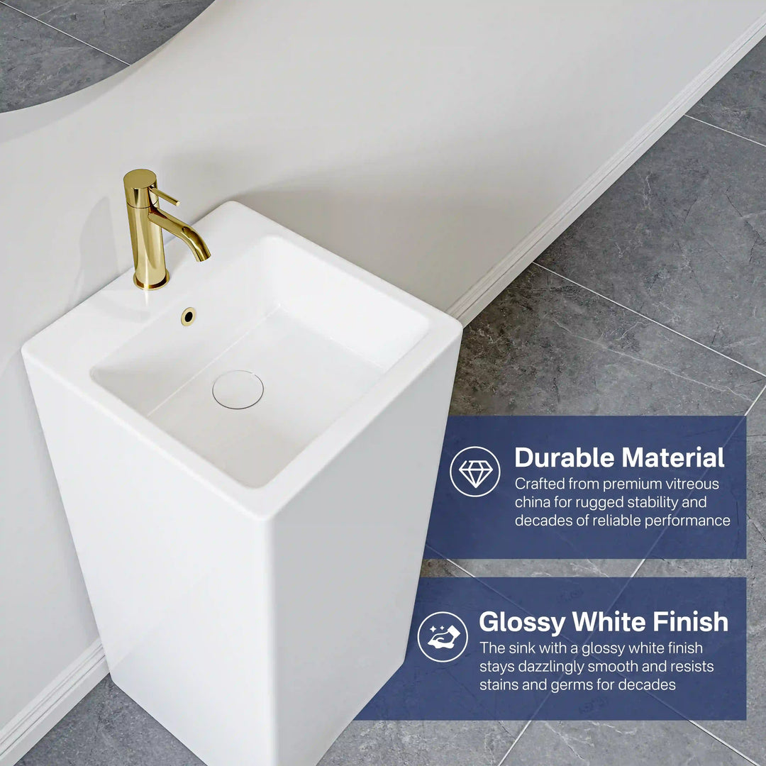 Glossy white vitreous china freestanding pedestal sink with overflow hole and brushed gold faucet