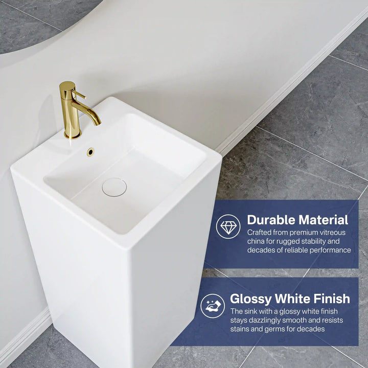 Glossy white vitreous china freestanding pedestal sink with overflow hole and brushed gold faucet