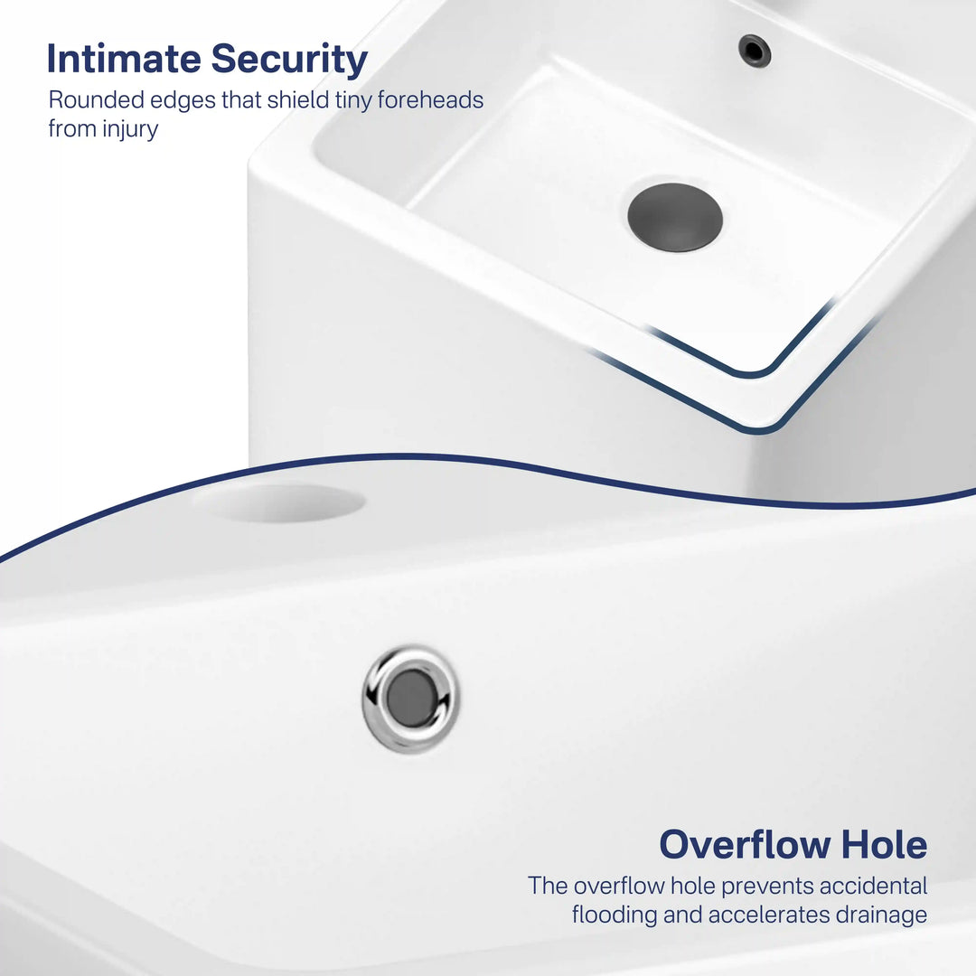 White ceramic vessel sink detail shot, rounded safety edges and overflow hole, kid-friendly bathroom basin