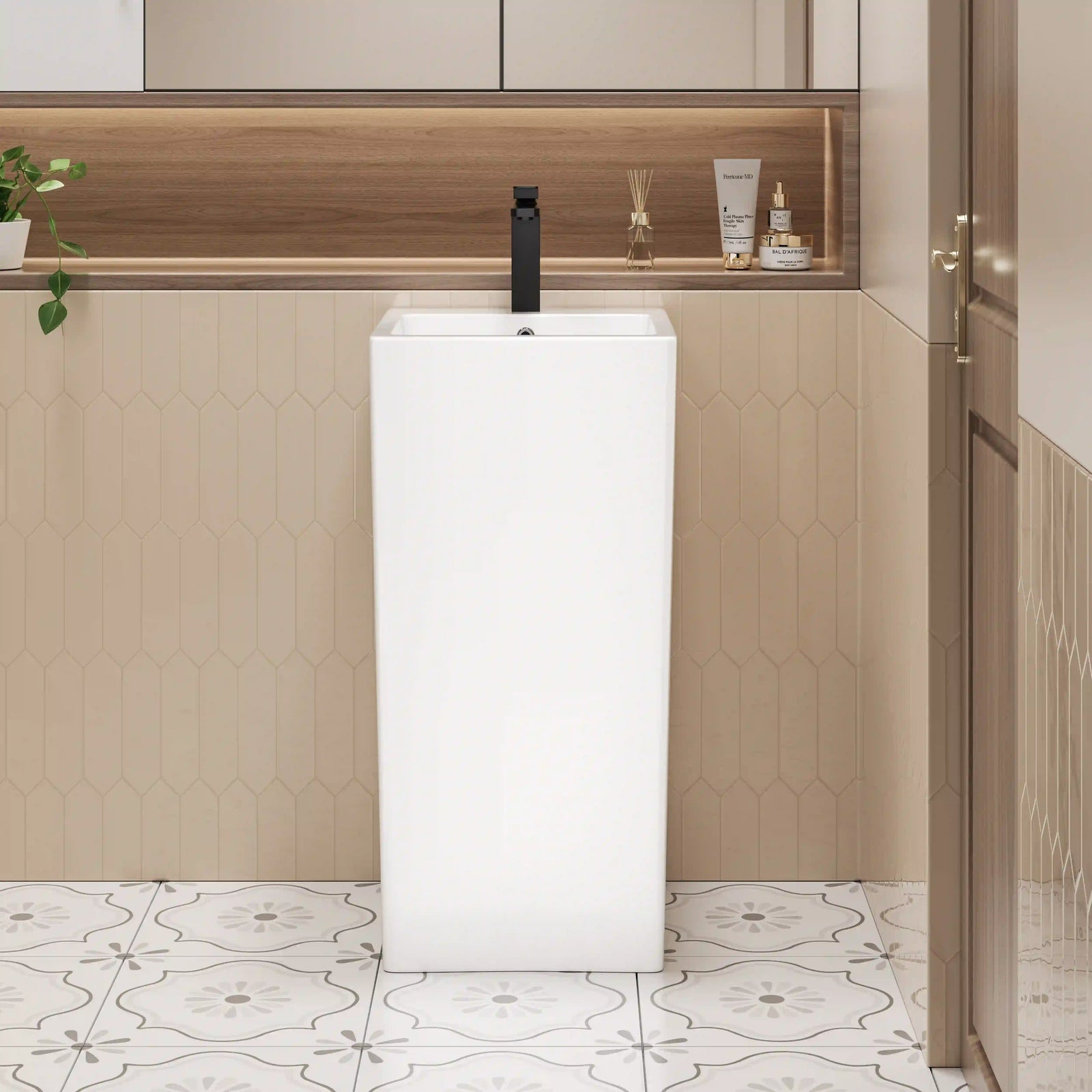 White ceramic freestanding pedestal sink, tall rectangular integrated basin with matte black faucet