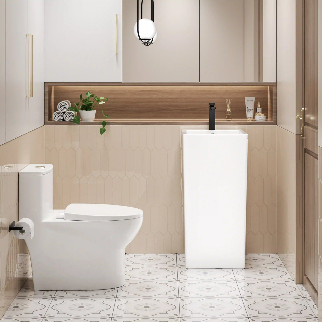 White ceramic integrated freestanding column sink, slim tall square design with matte black tall faucet