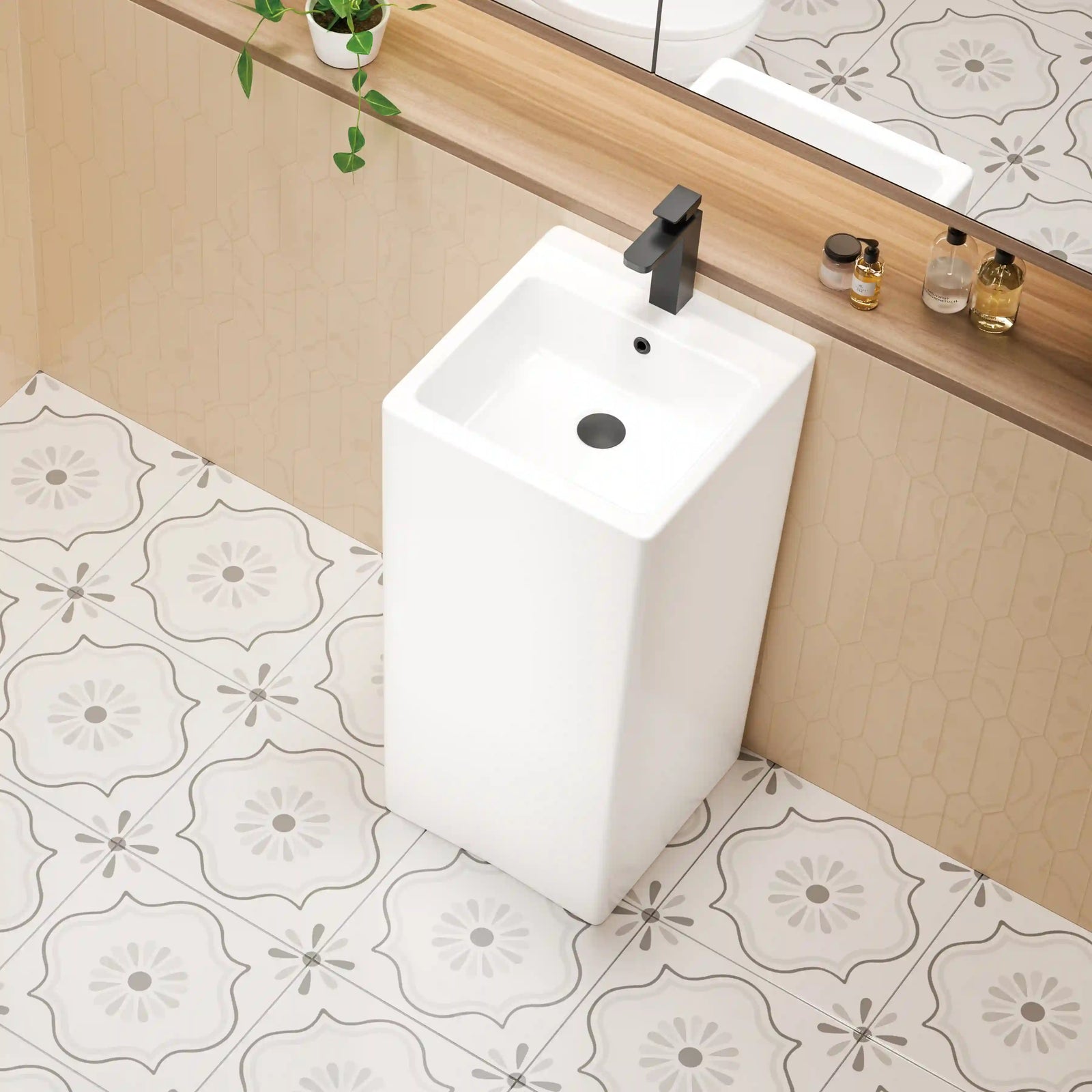 White ceramic freestanding pedestal sink, tall rectangular integrated basin with matte black faucet