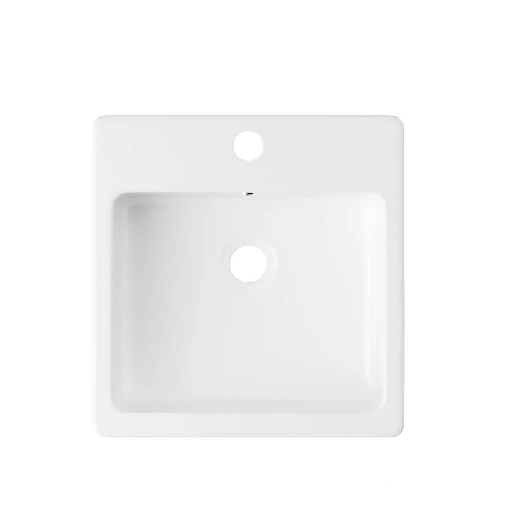 White ceramic square wall-mounted sink with single faucet hole and built-in overflow