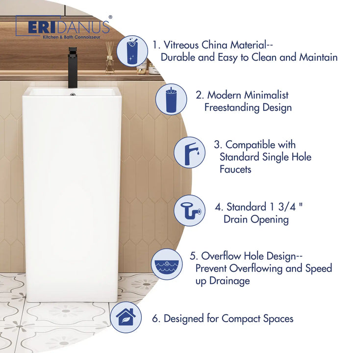 White vitreous china freestanding pedestal sink with overflow hole, compact minimalist single-hole basin