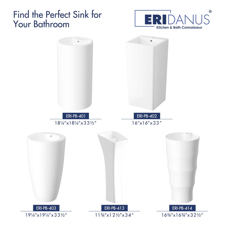 Five styles white ceramic freestanding pedestal bathroom sinks with dimension size labels