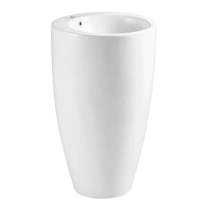 White freestanding pedestal sink with round basin and overflow