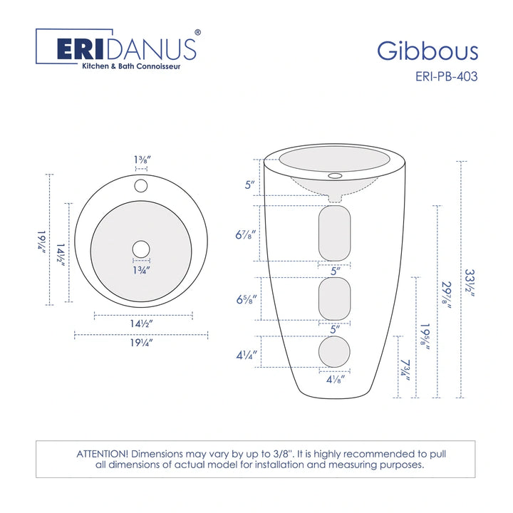 Eridanus Gibbous ERI-PB-403 pedestal sink dimension drawing