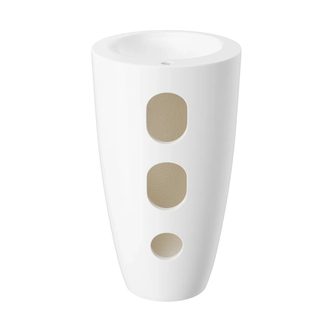 White freestanding pedestal sink with rear plumbing access holes