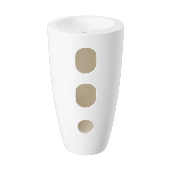 White freestanding pedestal sink with rear plumbing access holes