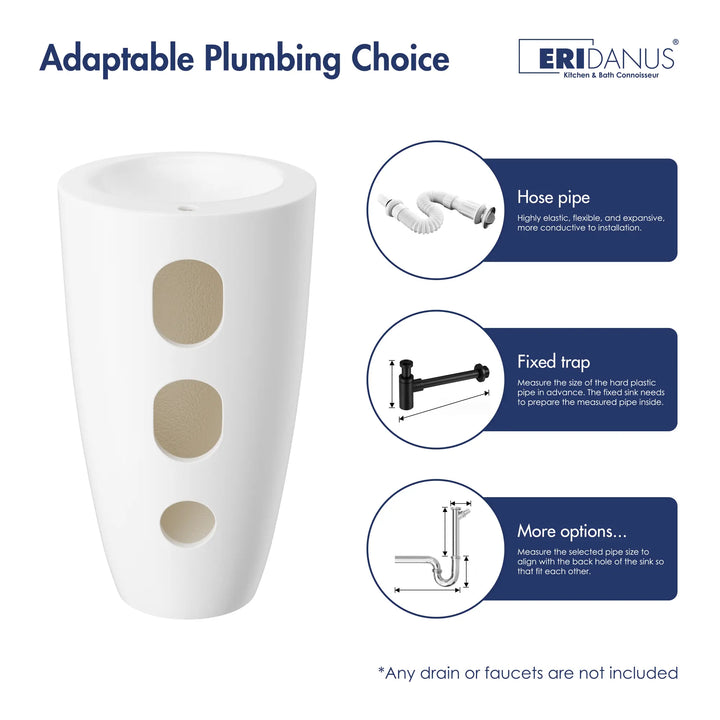 ERIDANUS white pedestal sink with pre-drilled holes for adaptable plumbing