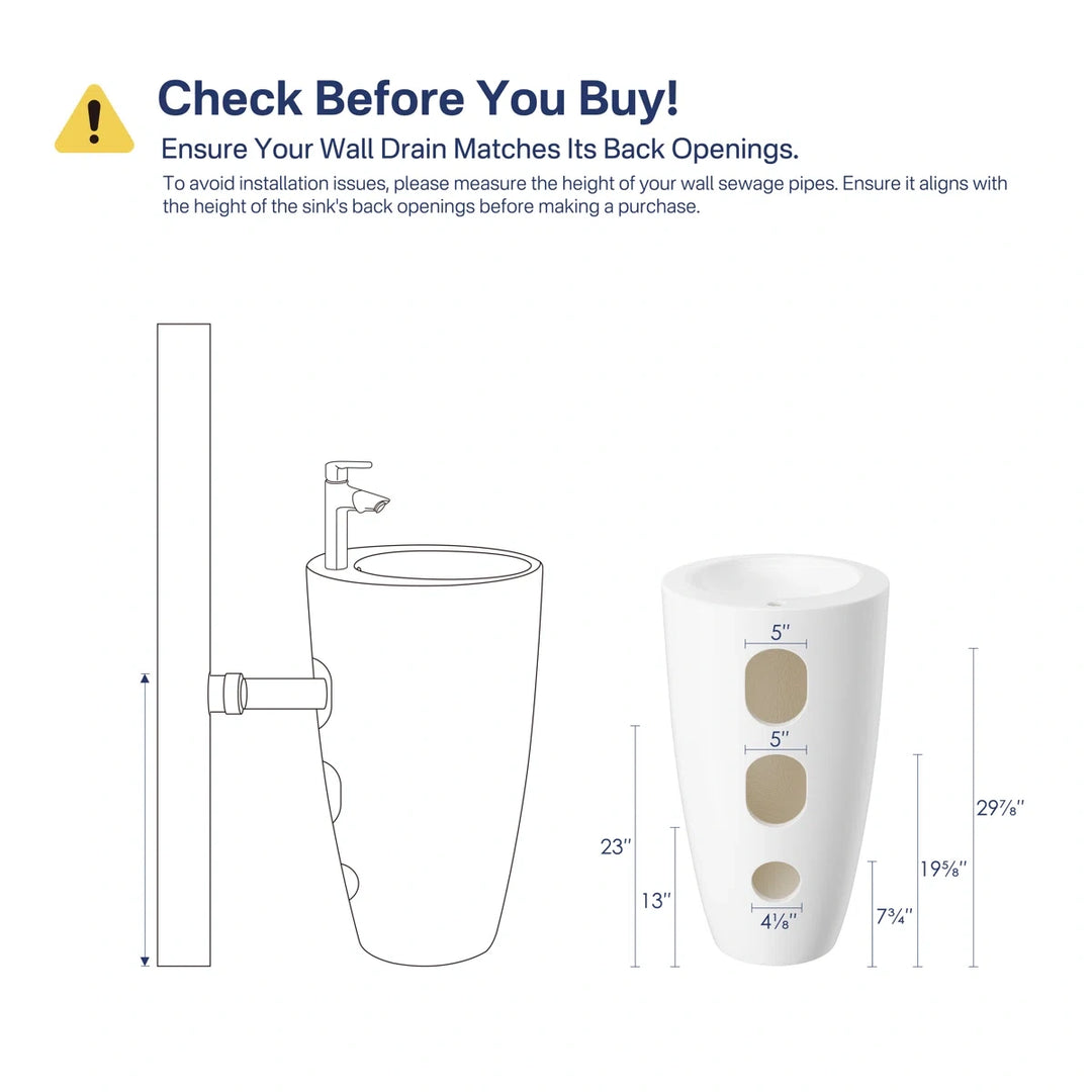 Eridanus white pedestal sink specs: dimension diagram &amp; installation guide