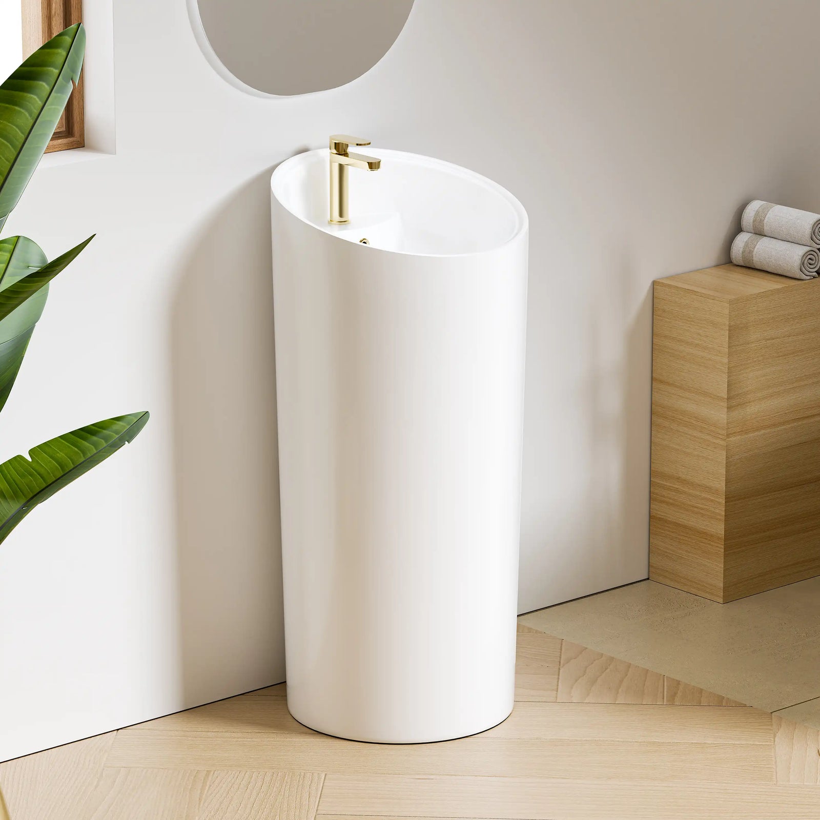 White round freestanding pedestal sink with smooth ceramic finish