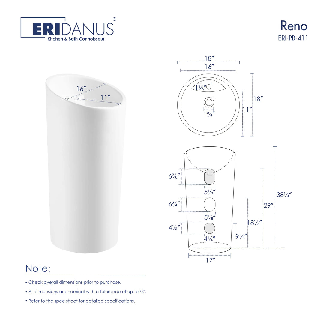 Reno 18" Circular One-Piece Ceramic Pedestal Bathroom Sink in White with Overflow