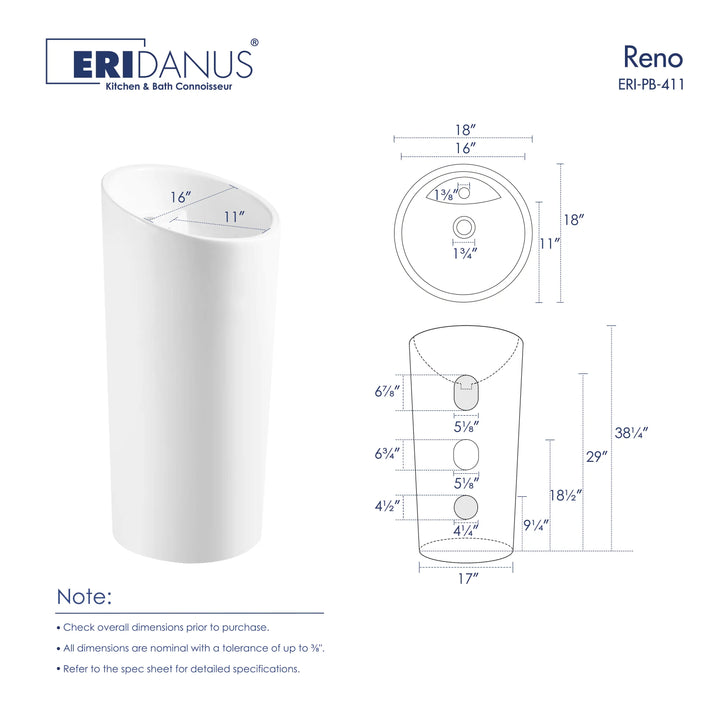 Reno 18" Circular One-Piece Ceramic Pedestal Bathroom Sink in White with Overflow