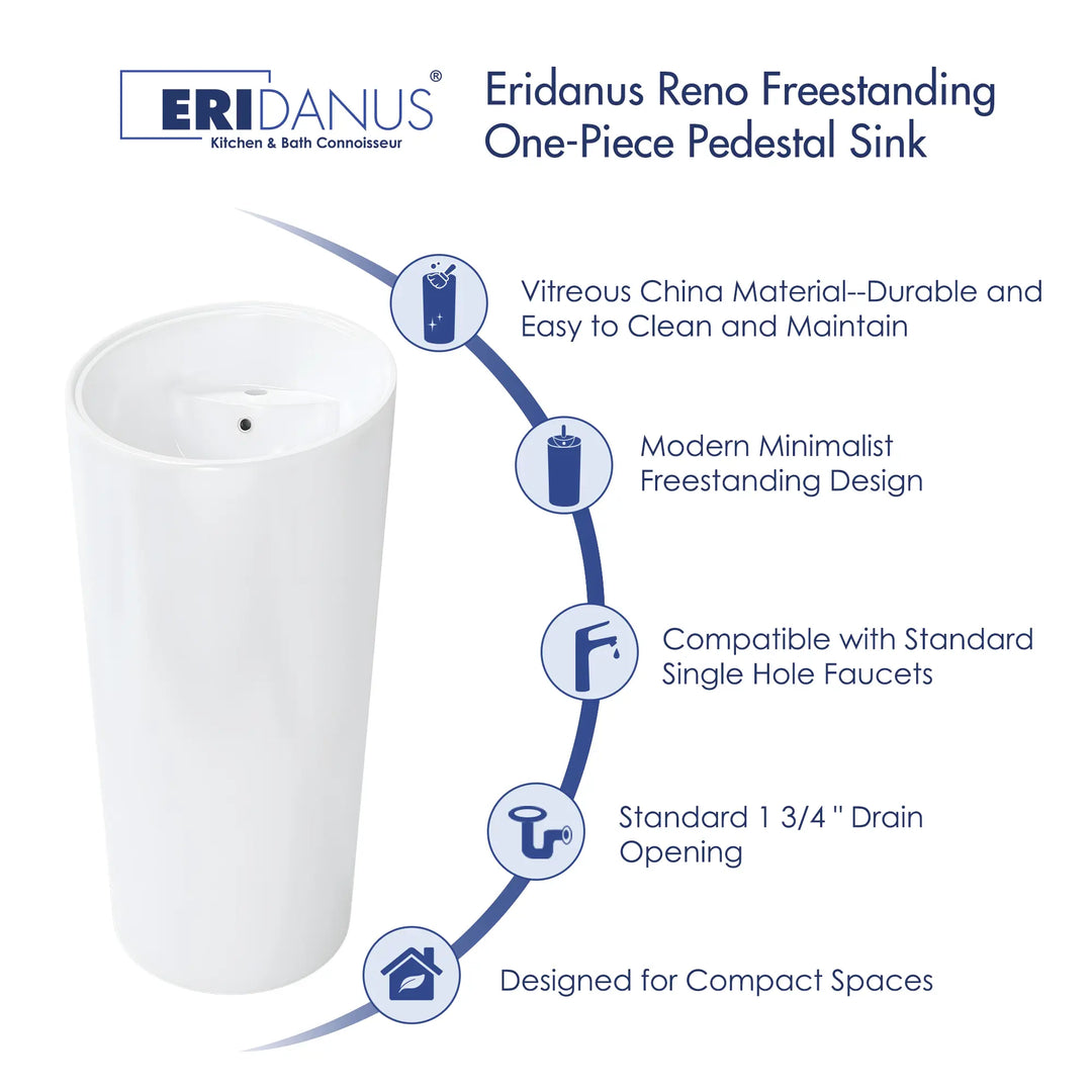 Reno 18" Circular One-Piece Ceramic Pedestal Bathroom Sink in White with Overflow