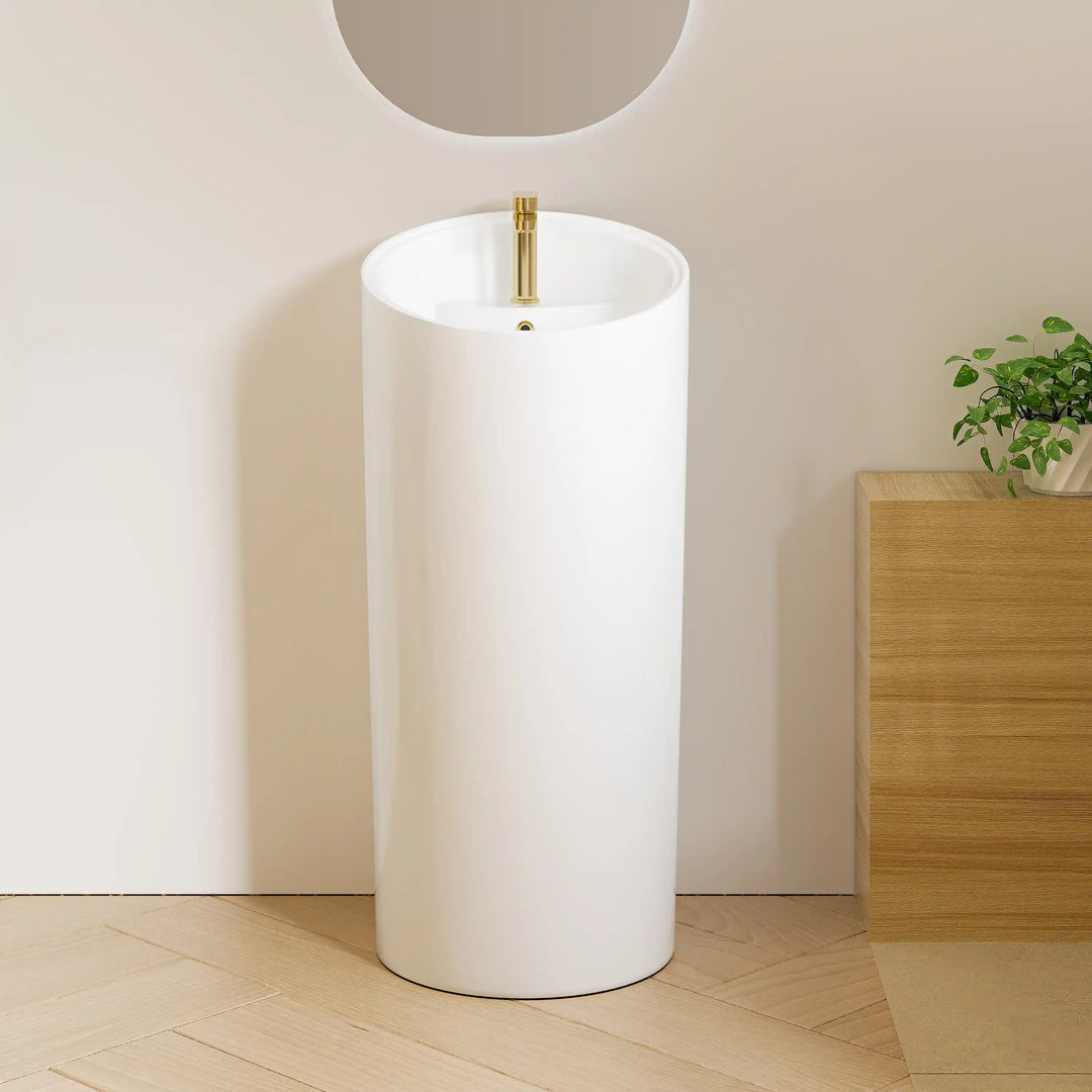 Reno 18" Circular One-Piece Ceramic Pedestal Bathroom Sink in White with Overflow