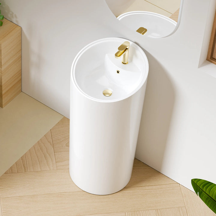 Reno 18" Circular One-Piece Ceramic Pedestal Bathroom Sink in White with Overflow