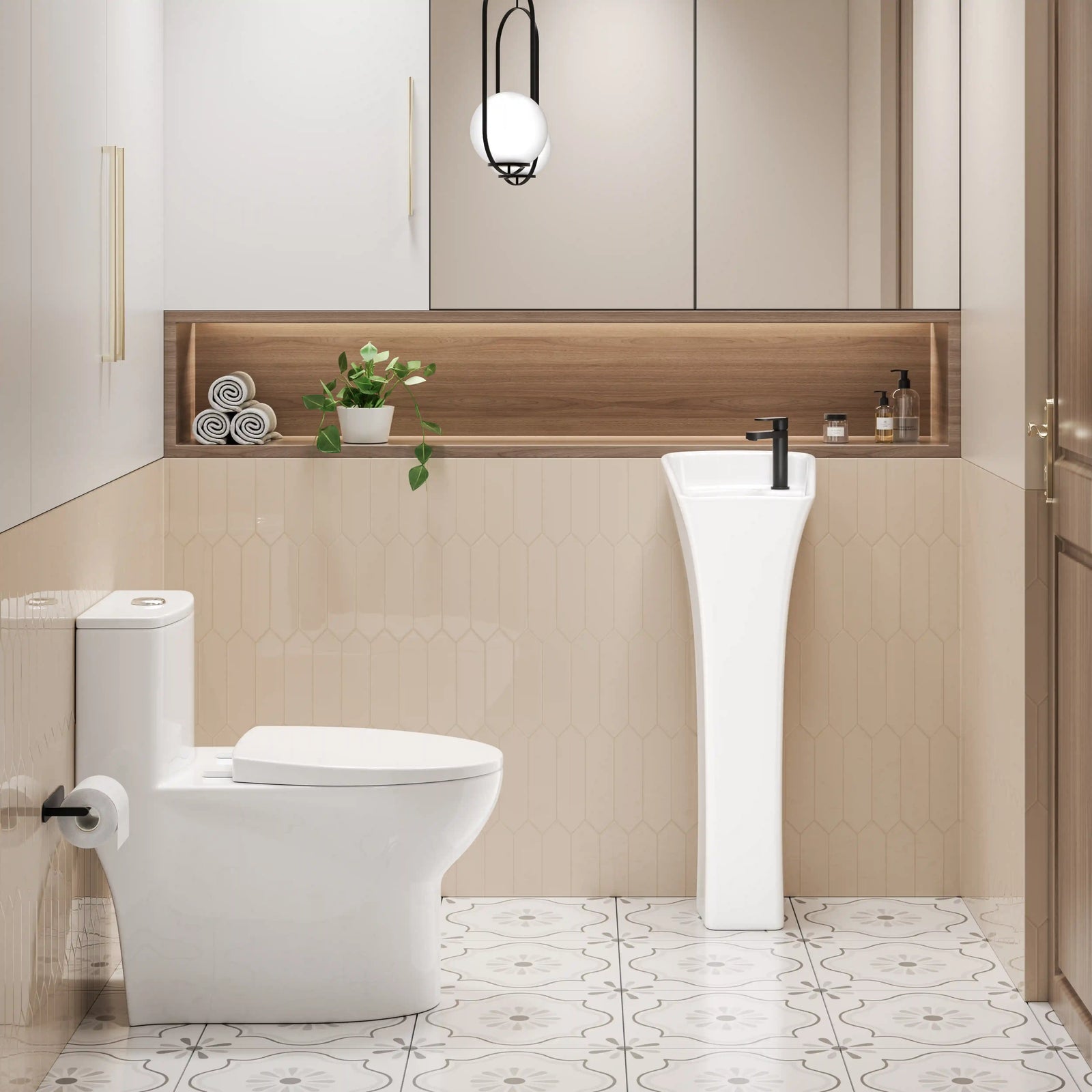 White freestanding pedestal sink with matte black faucet