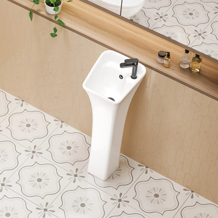 Naples 12" Rectangular Pedestal Vitreous China Specialty Bathroom Sink in White with Overflow & Faucet Hole