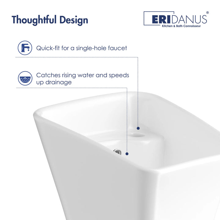 Naples 12" Rectangular Pedestal Vitreous China Specialty Bathroom Sink in White with Overflow & Faucet Hole