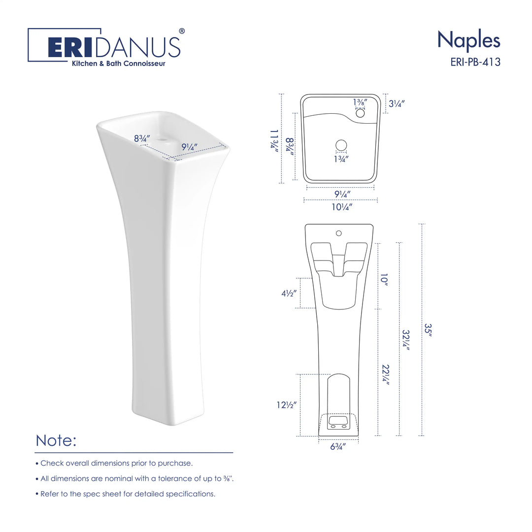 Naples 12" Rectangular Pedestal Vitreous China Specialty Bathroom Sink in White with Overflow & Faucet Hole