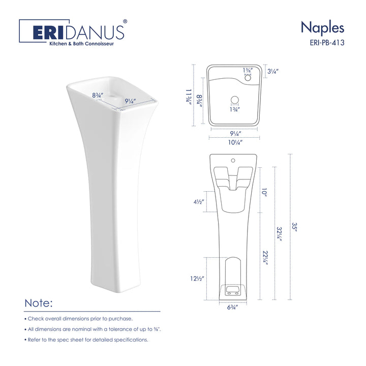 Naples 12" Rectangular Pedestal Vitreous China Specialty Bathroom Sink in White with Overflow & Faucet Hole