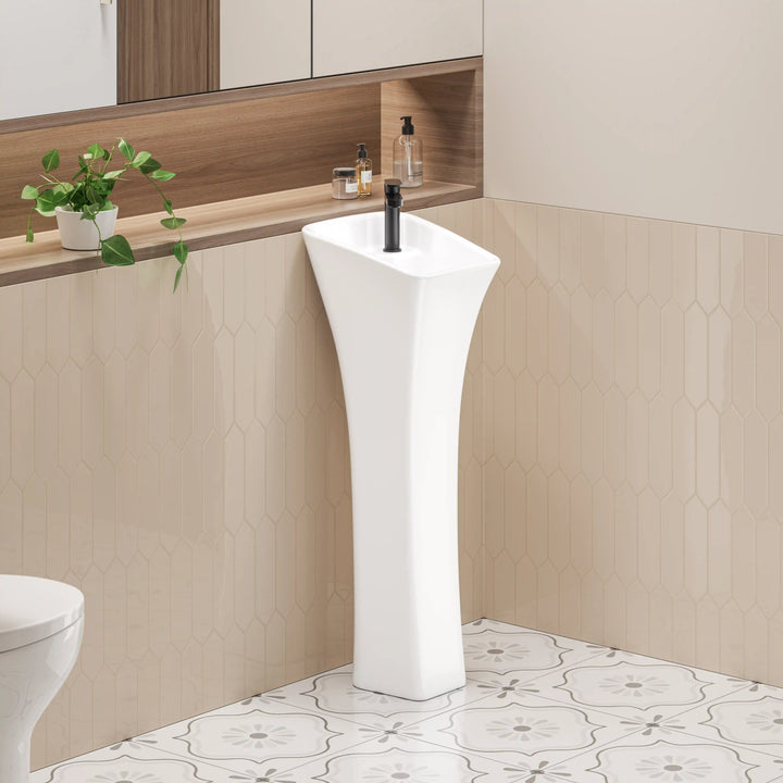 Naples 12" Rectangular Pedestal Vitreous China Specialty Bathroom Sink in White with Overflow & Faucet Hole