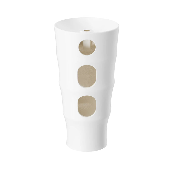 White bamboo freestanding pedestal sink rear view with three reserved plumbing access cutouts