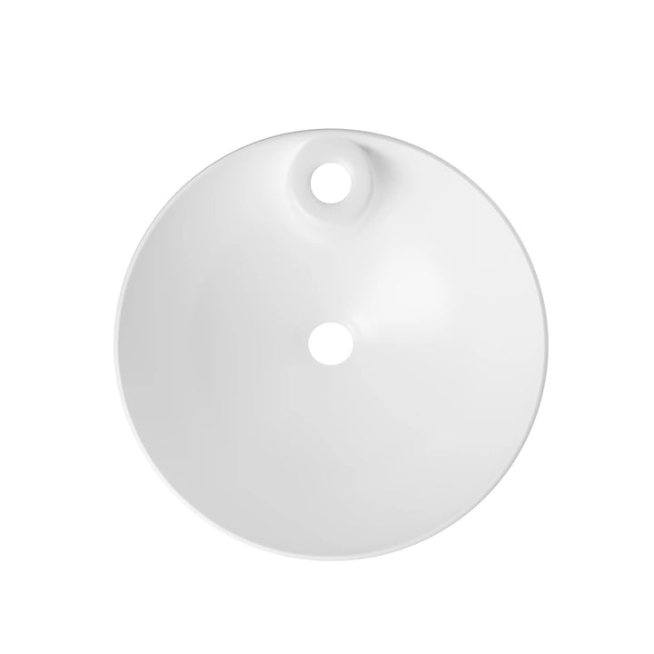 Glossy white circular basin inner top view with single faucet hole and central drain outlet