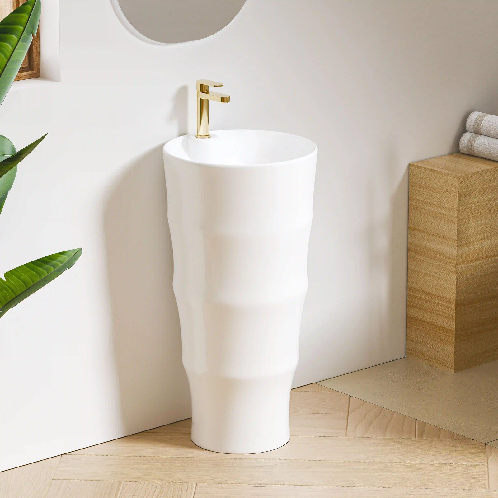 White solid surface bamboo textured freestanding pedestal sink with polished gold faucet