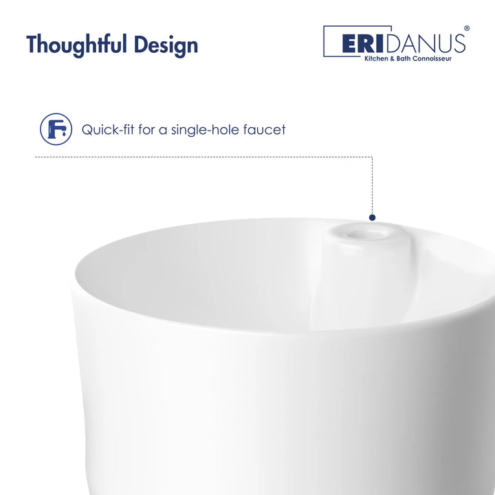 Glossy white pedestal sink single faucet hole detail, quick-fit single-hole mounting design
