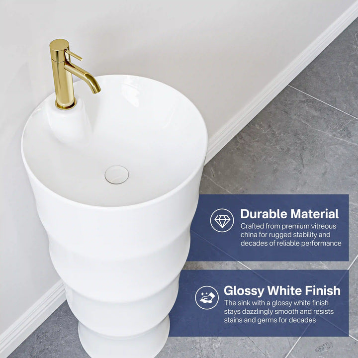 Glossy white vitreous china bamboo freestanding sink with gold faucet, durable stain-resistant surface feature labels