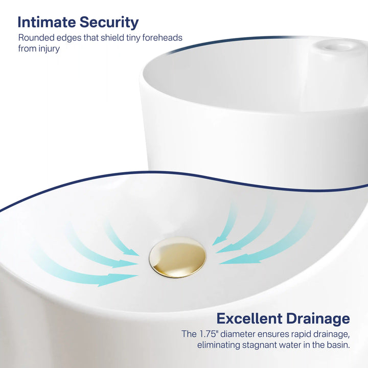 White ceramic pedestal sink rounded safe edge and large fast drain hole functional detail diagram