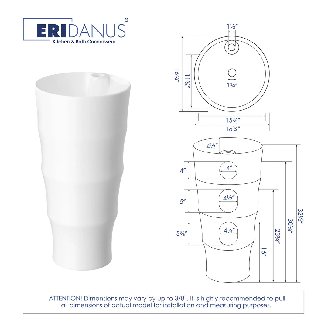 White bamboo freestanding pedestal sink with full dimension technical drawing and measurement specs