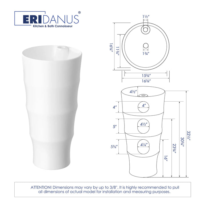 White bamboo freestanding pedestal sink with full dimension technical drawing and measurement specs