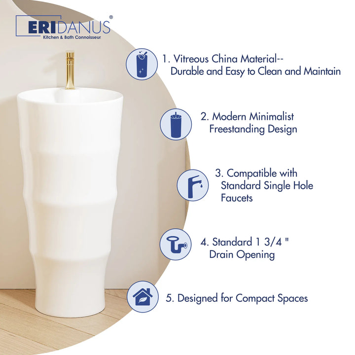 White vitreous china bamboo freestanding pedestal sink, compact single-hole wash basin with functional feature list