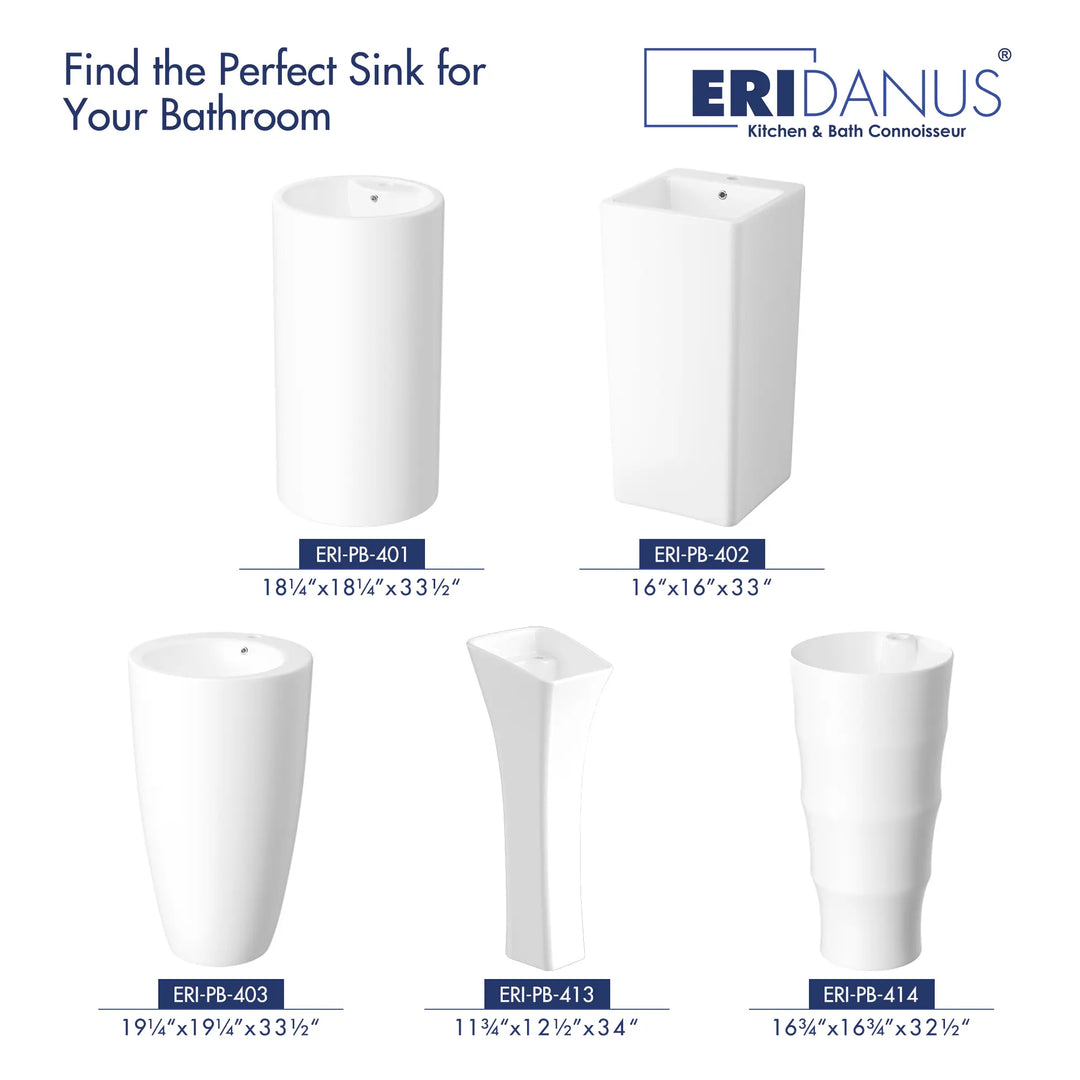 Five styles white ceramic freestanding pedestal sinks collection with model codes and dimension specs