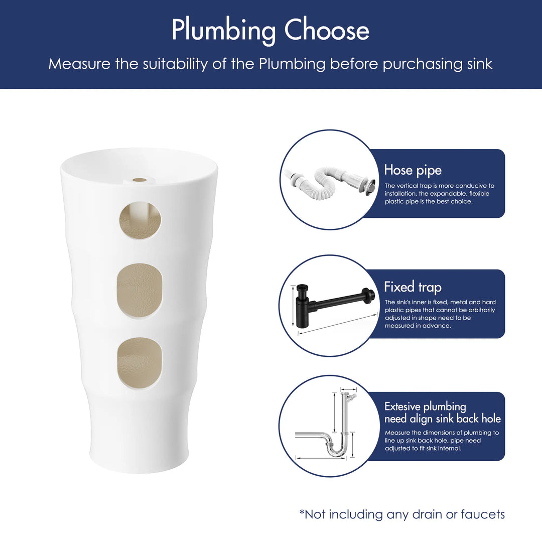 White bamboo freestanding pedestal sink back plumbing hole diagram with three drain pipe installation options
