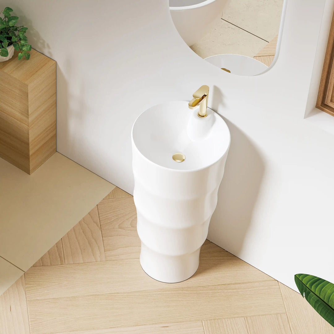 White integrated bamboo shape freestanding basin with matching gold faucet and drain