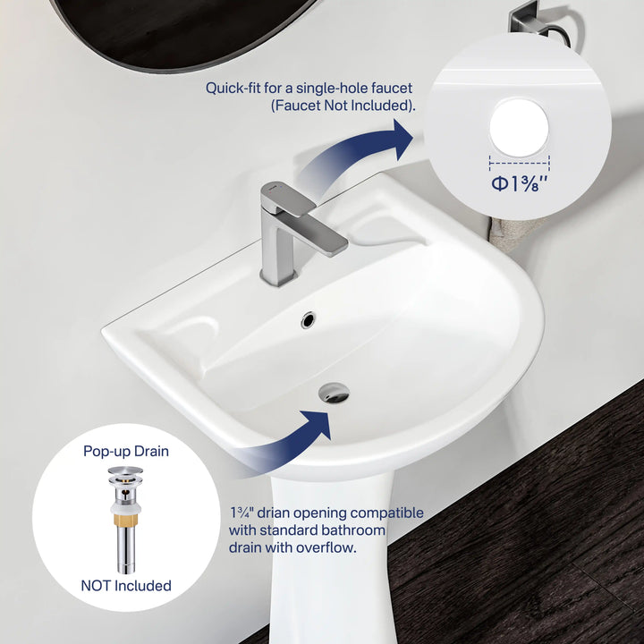Achernar 20.9" White Vitreous China Two-Piece Pedestal Sink w/ Overflow, 1 Faucet Hole