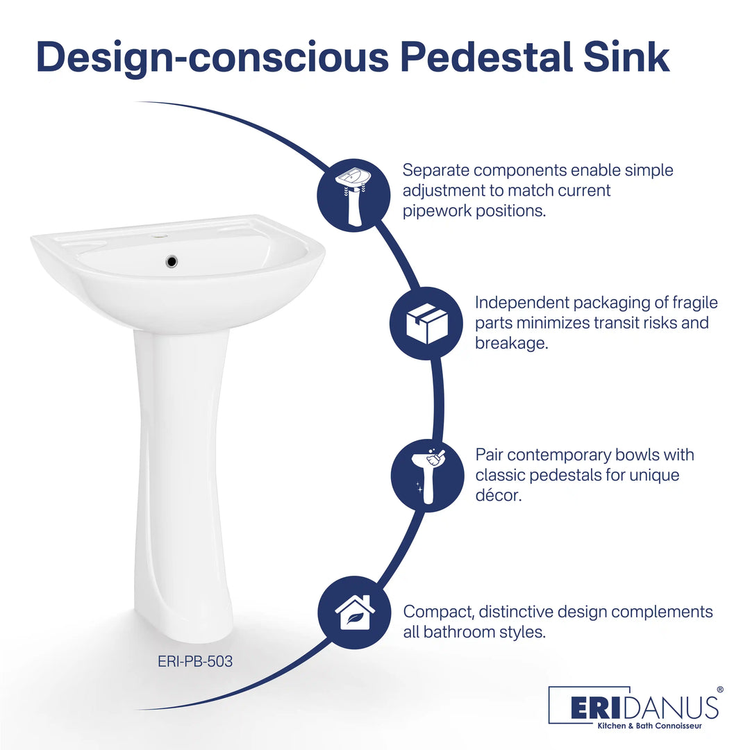 Achernar 20.9" White Vitreous China Two-Piece Pedestal Sink w/ Overflow, 1 Faucet Hole