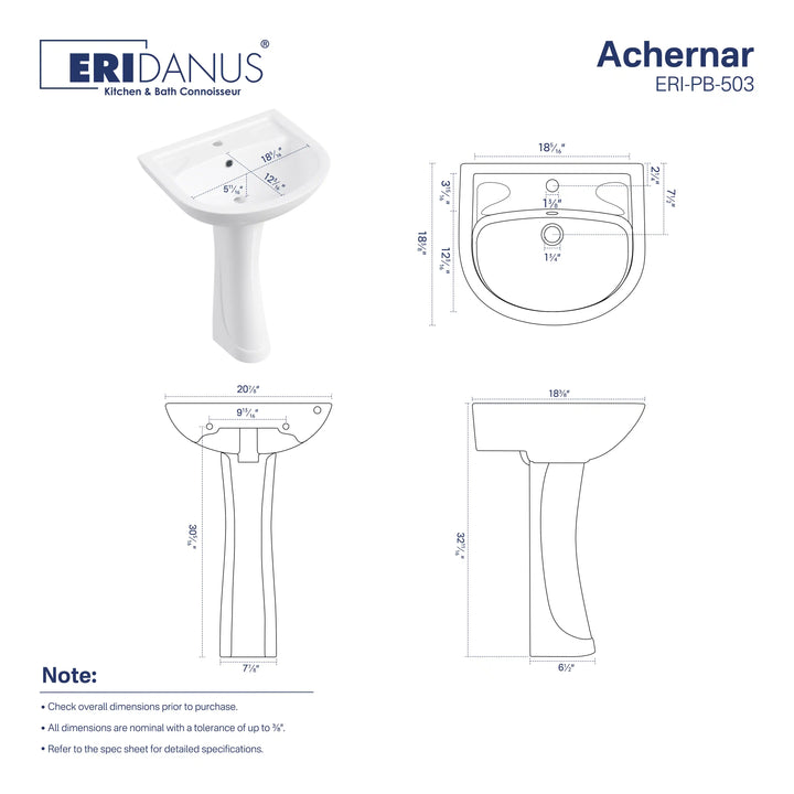 Achernar 20.9" White Vitreous China Two-Piece Pedestal Sink w/ Overflow, 1 Faucet Hole