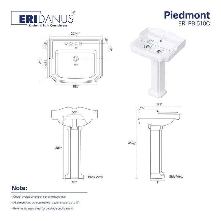 White pedestal sink dimensions and technical drawing.
