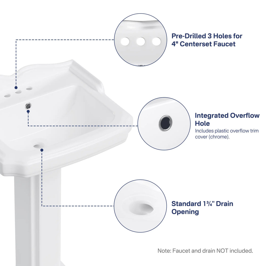 White pedestal sink with 3-hole faucet drill and overflow.