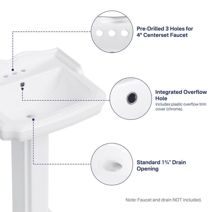 White pedestal sink with 3-hole faucet drill and overflow.