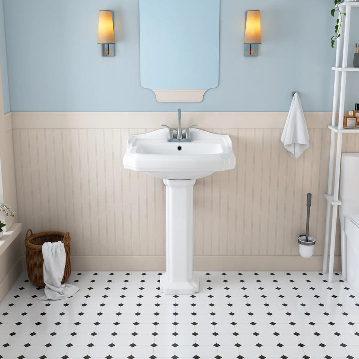 White ceramic pedestal sink with chrome centerset faucet.