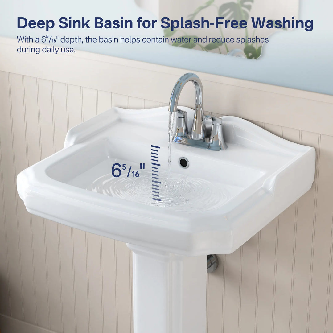 White pedestal sink with 6-5/16 inch deep splash-free basin.