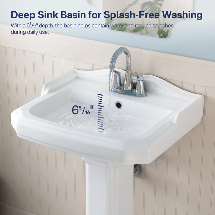 White pedestal sink with 6-5/16 inch deep splash-free basin.