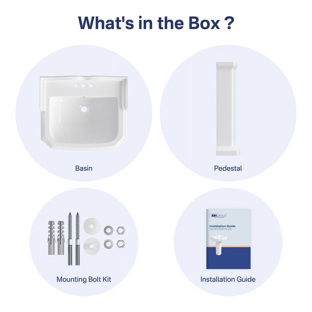 White ceramic basin, pedestal, mounting kit, and guide.
